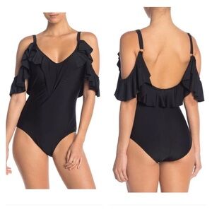 Nicole Miller One Piece Ruffled Cold Shoulder Swimsuit in Black Women’s SZ L